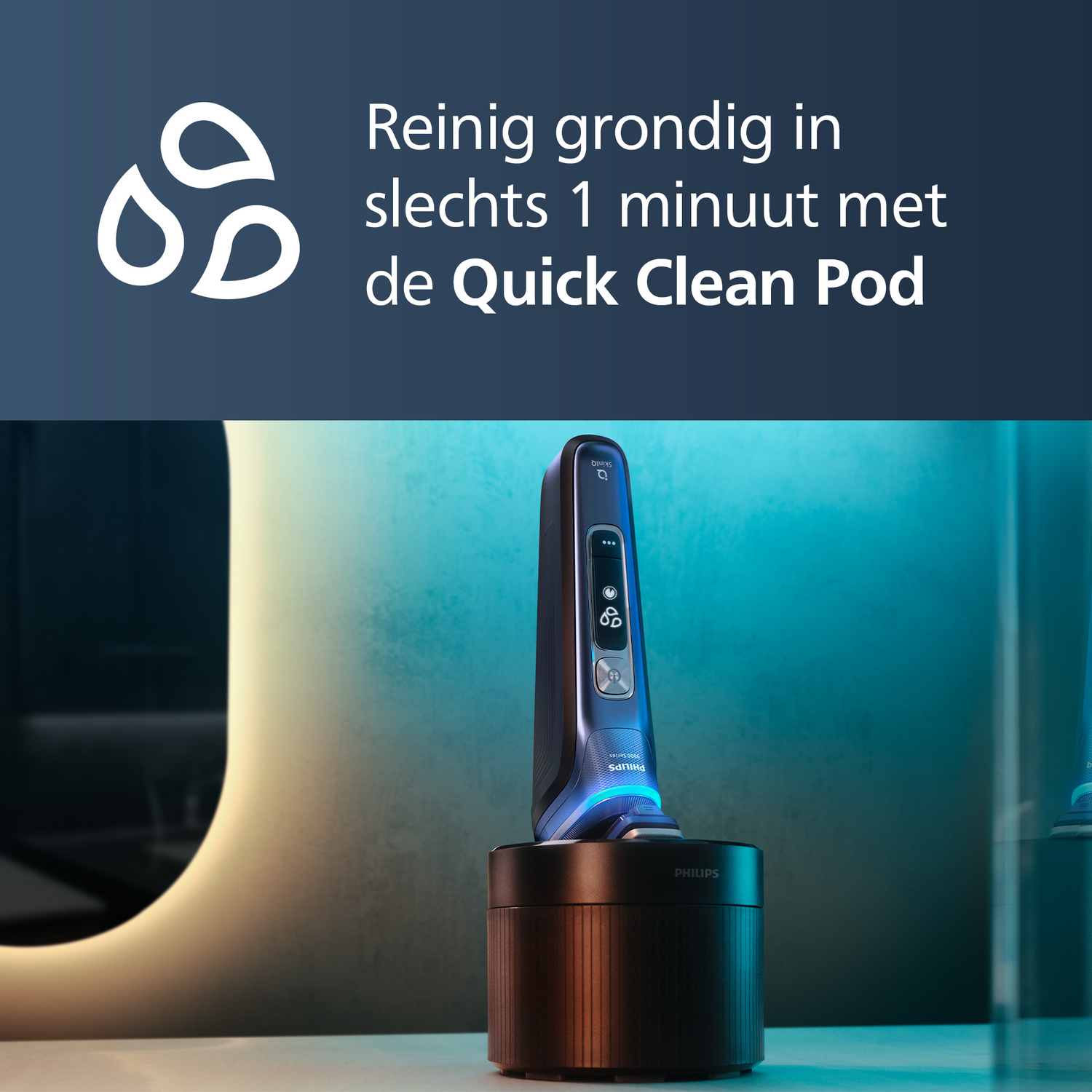 Electric shaver in charging station. Text: Clean thoroughly in 1 minute with Quick Clean Pod.