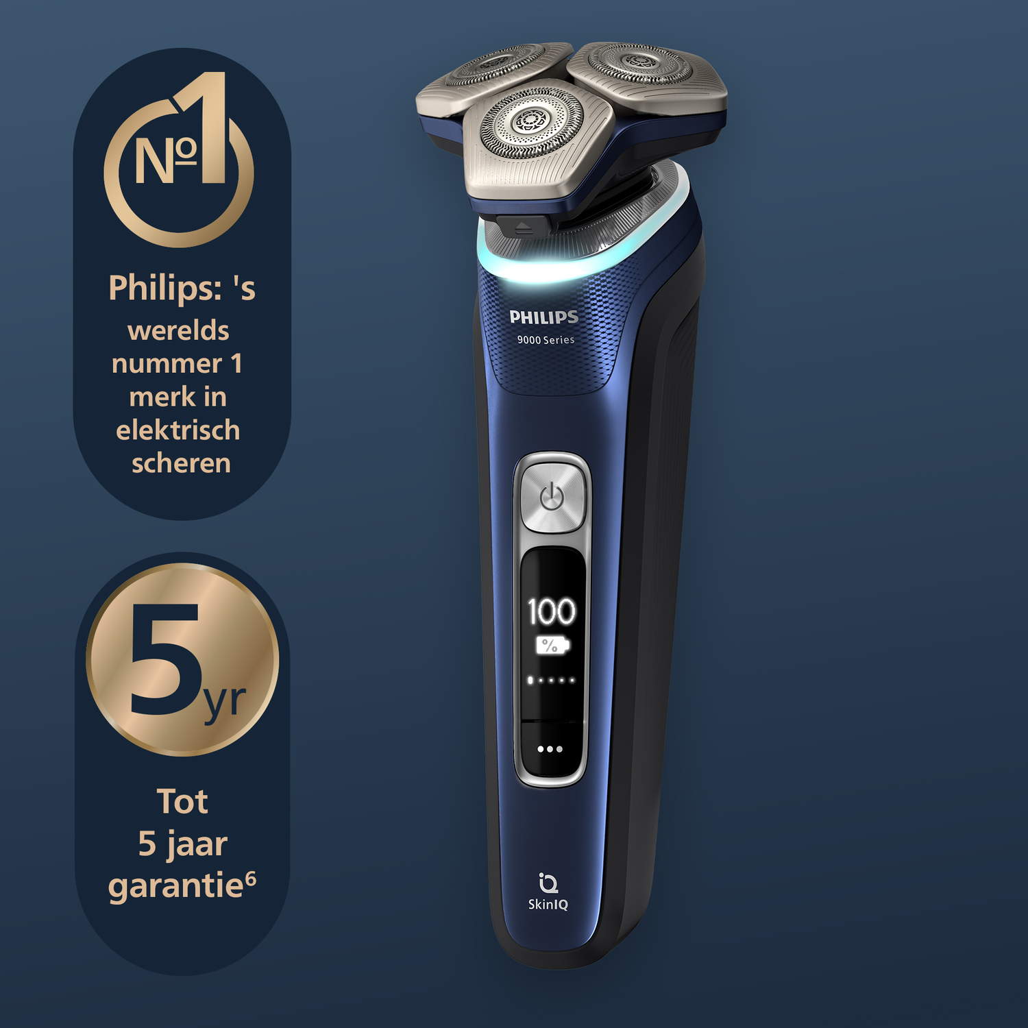 Close-up of a blue and black Philips shaver.