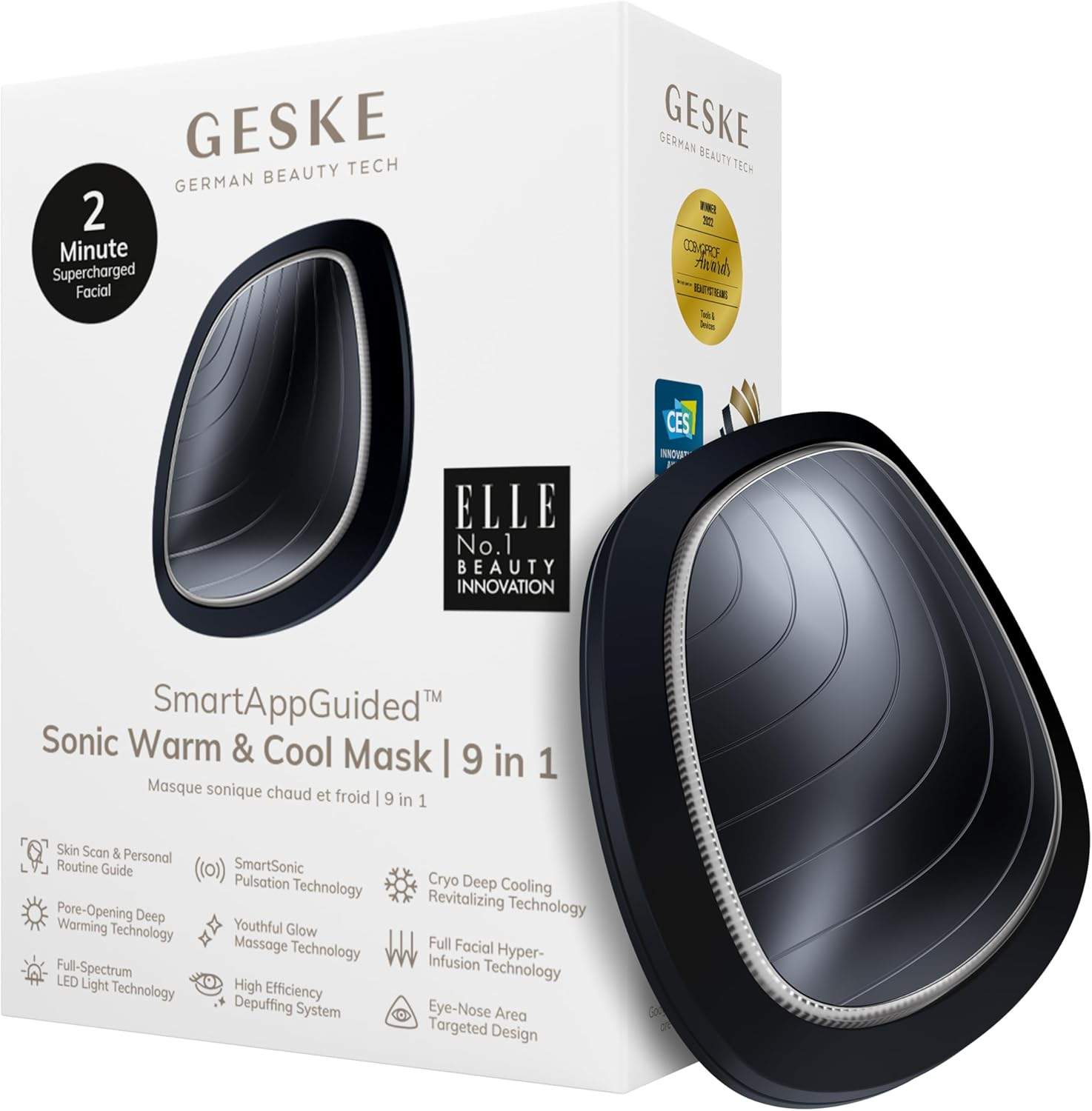 Caja de mascarilla Geske SmartAppGuided Sonic Warm & Cool con mascarilla negra.