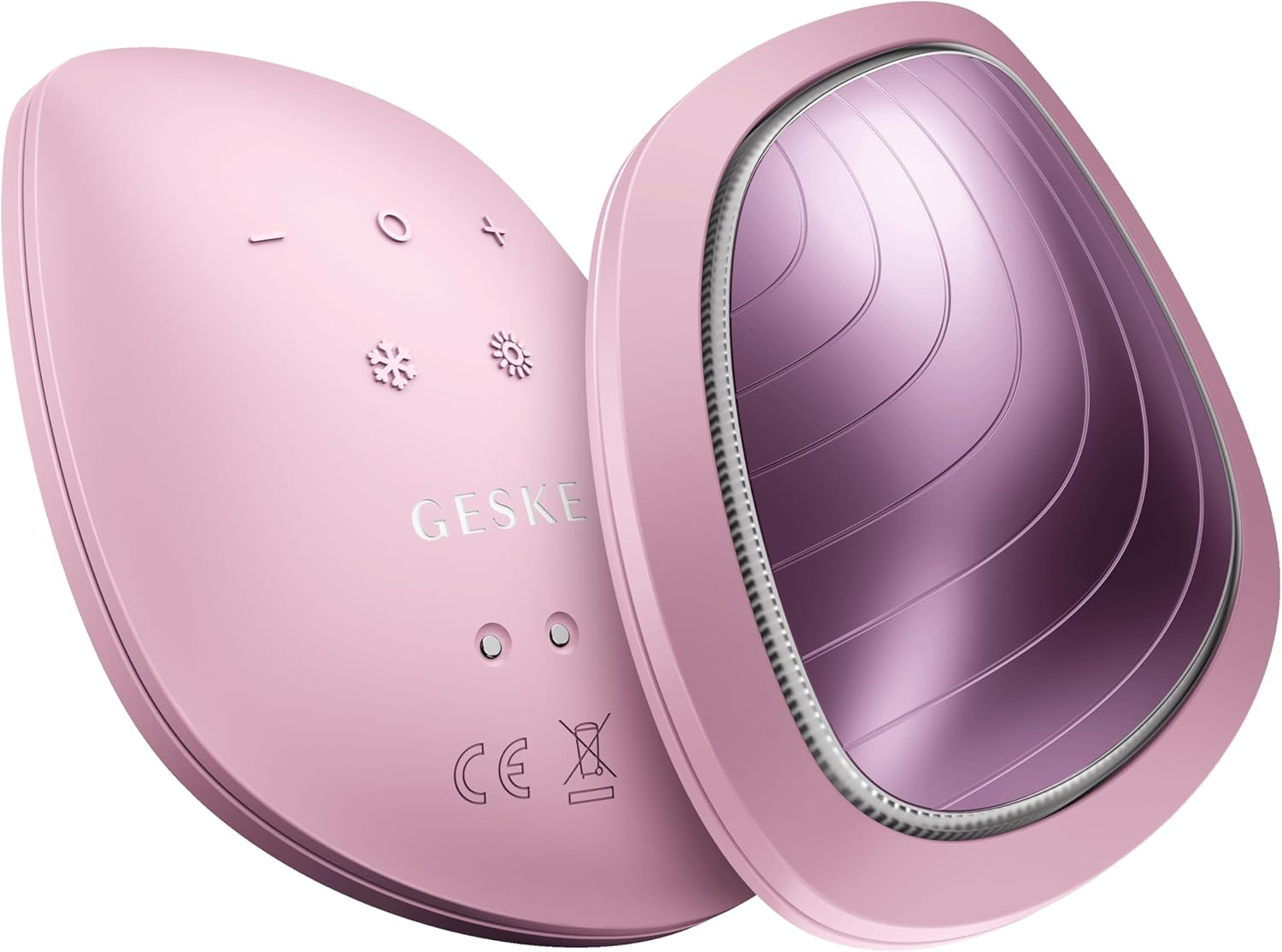 Dispositivo de belleza rosa con botones de control y texto GESKE, con diseño interior rosa.