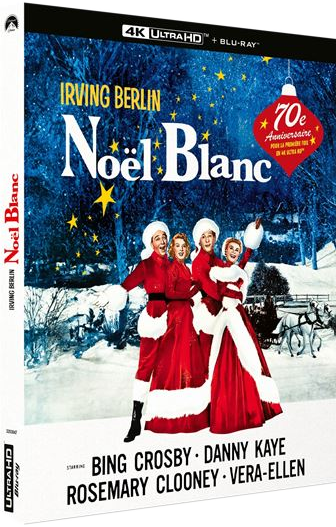 Couverture Blu-ray de White Christmas. Acteurs en tenue rouge et blanche. Fond enneigé.