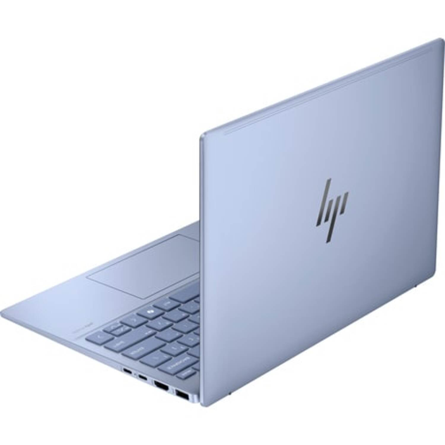 Un ordinateur portable bleu clair avec le logo HP argenté sur fond blanc.