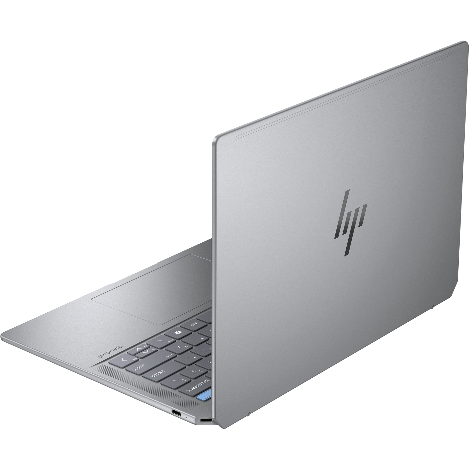 Silver laptop, partially open, angled view, with keyboard and HP logo visible.