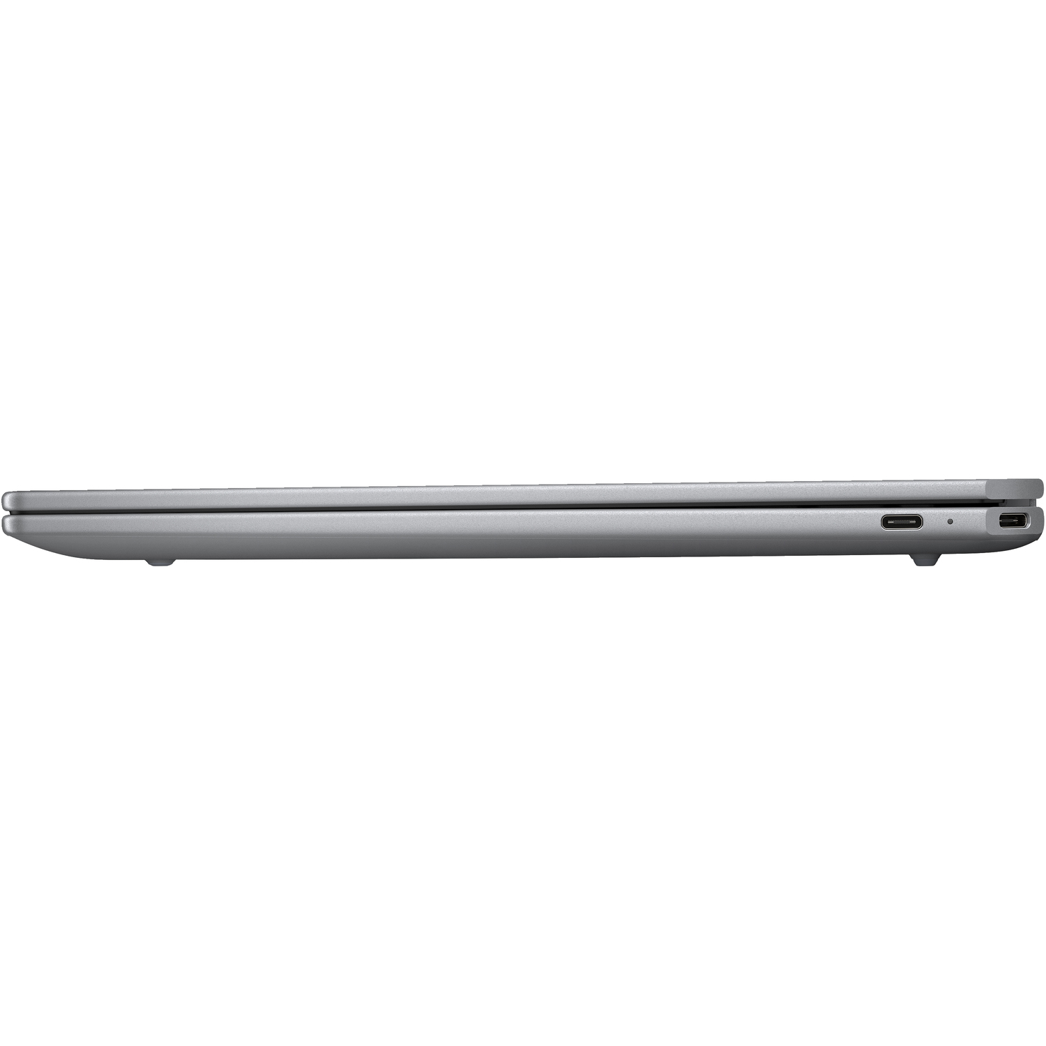 A silver laptop, closed, with the side profile showing ports and a sleek design.