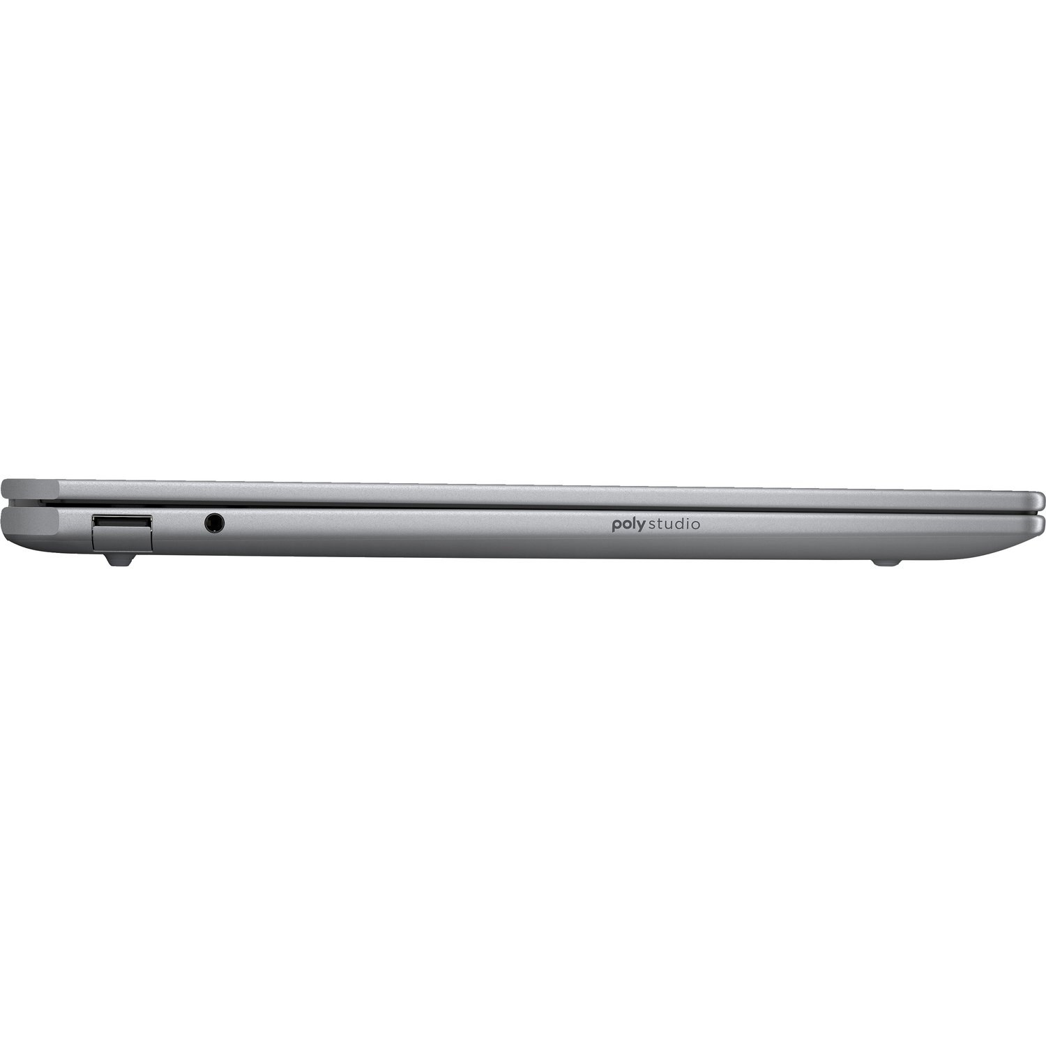 A close-up of a silver laptop with the words "poly studio" on it.
