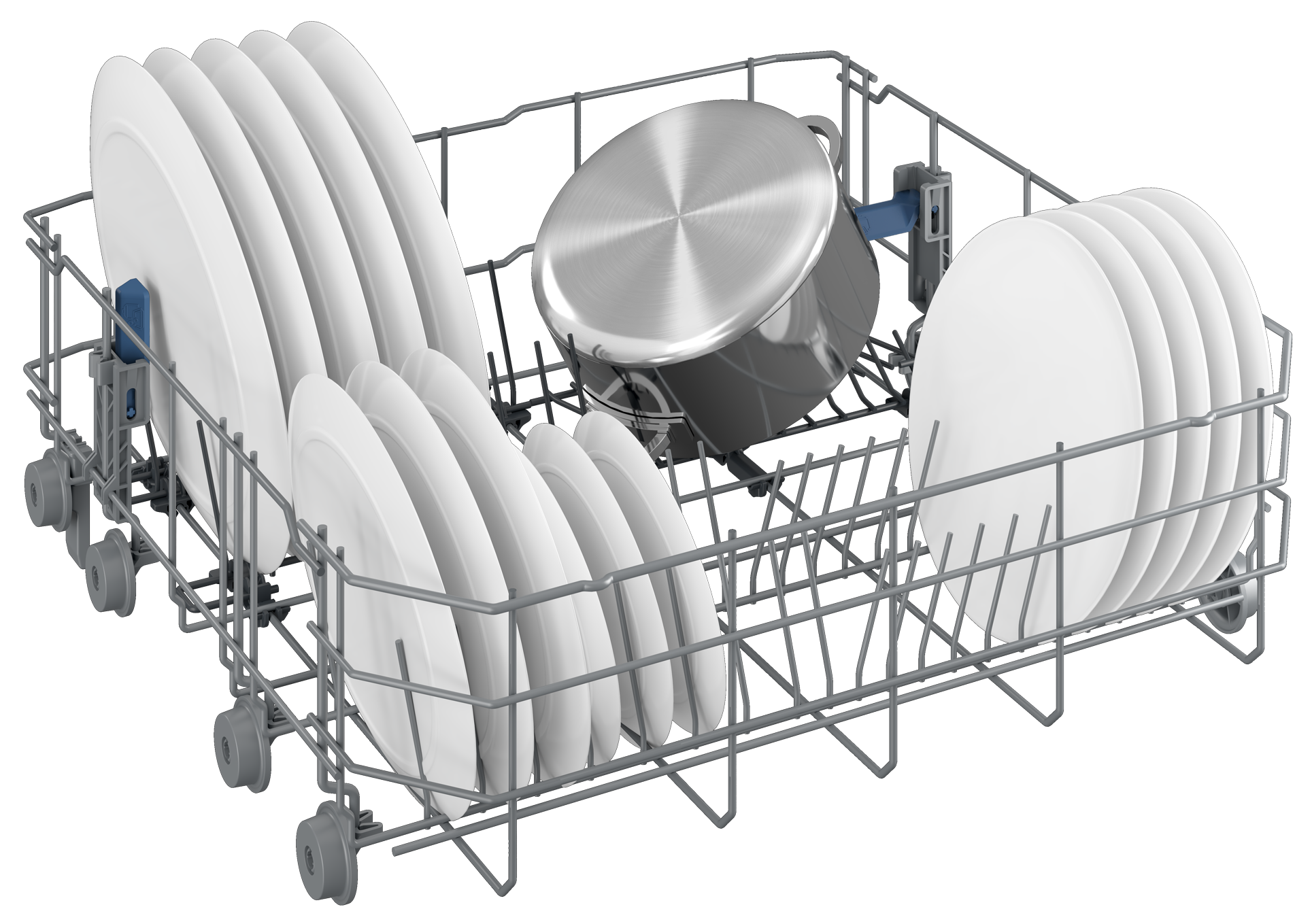 Regał zmywarki z talerzami i garnkiem. Talerze po lewej i prawej, garnek pośrodku.