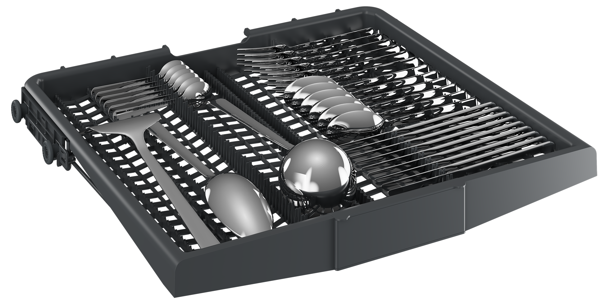 Taca na sztućce z widelcami, łyżkami i nożami. Sztućce są starannie ułożone.