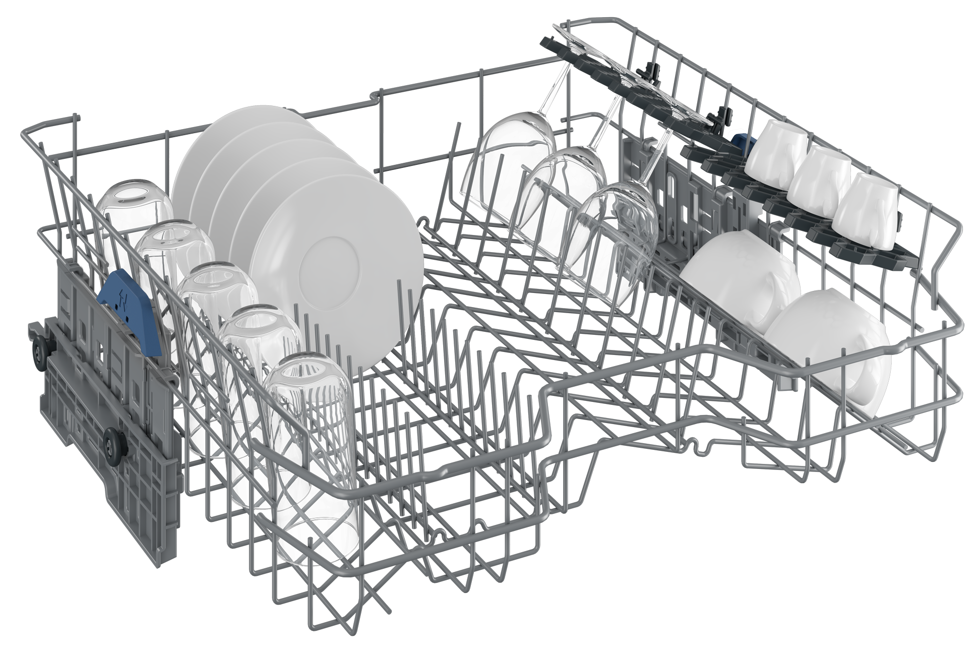 Regał zmywarki wypełniony talerzami, szklankami i kubkami. Przedmioty w sekcjach.