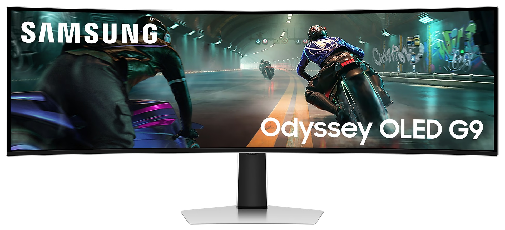 Zakrzywiony monitor ze sceną wyścigową. Ekran wyświetla motocykle na torze.