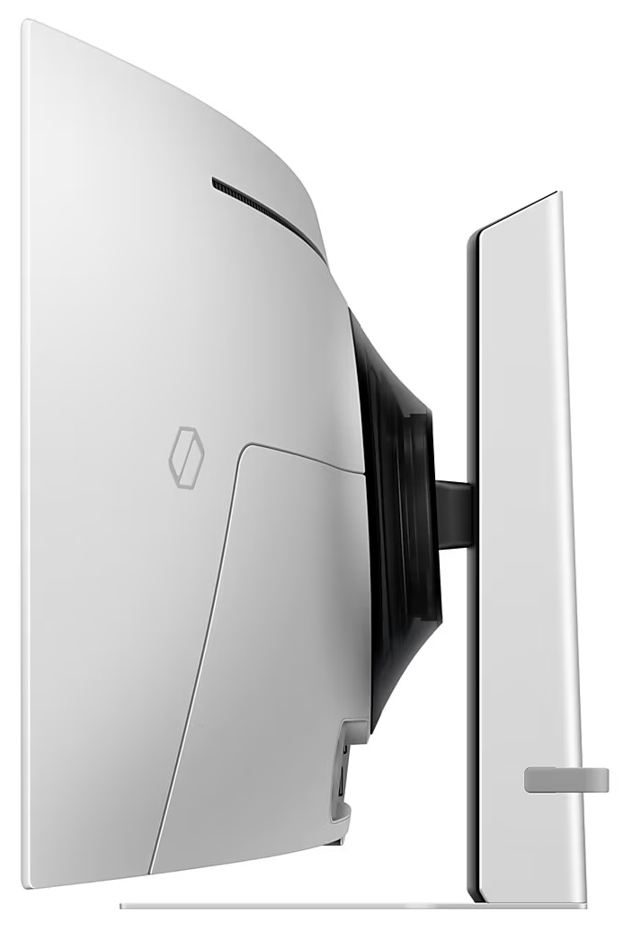 Widok z boku białego monitora komputera, zakrzywiony design, ze stojakiem.