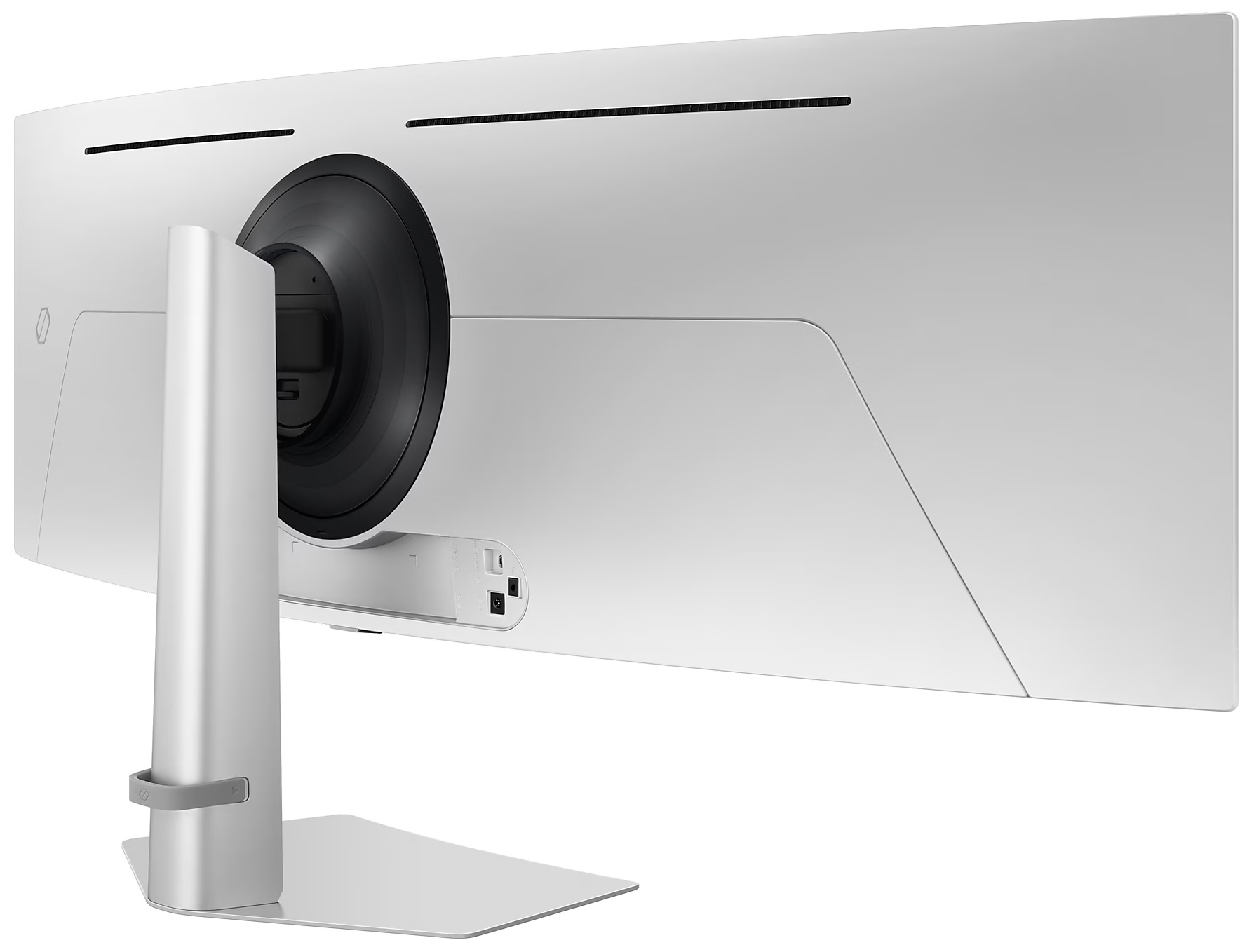 Widok z tyłu zakrzywionego białego monitora.