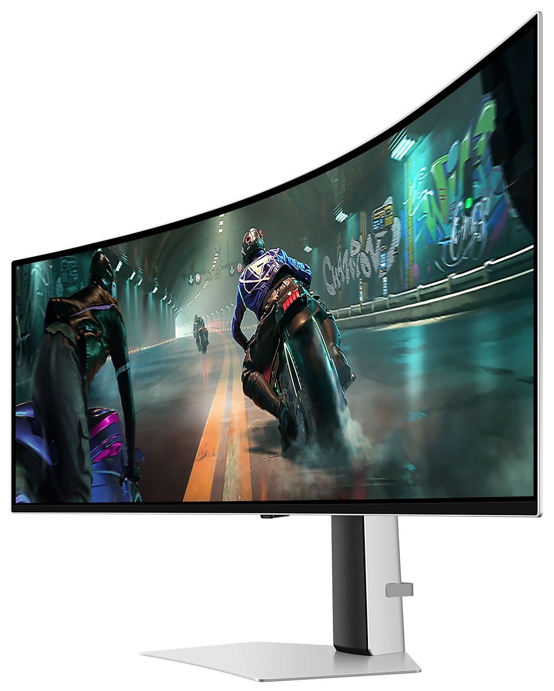 Zakrzywiony monitor komputera pokazujący motocykle ścigające się na torze.