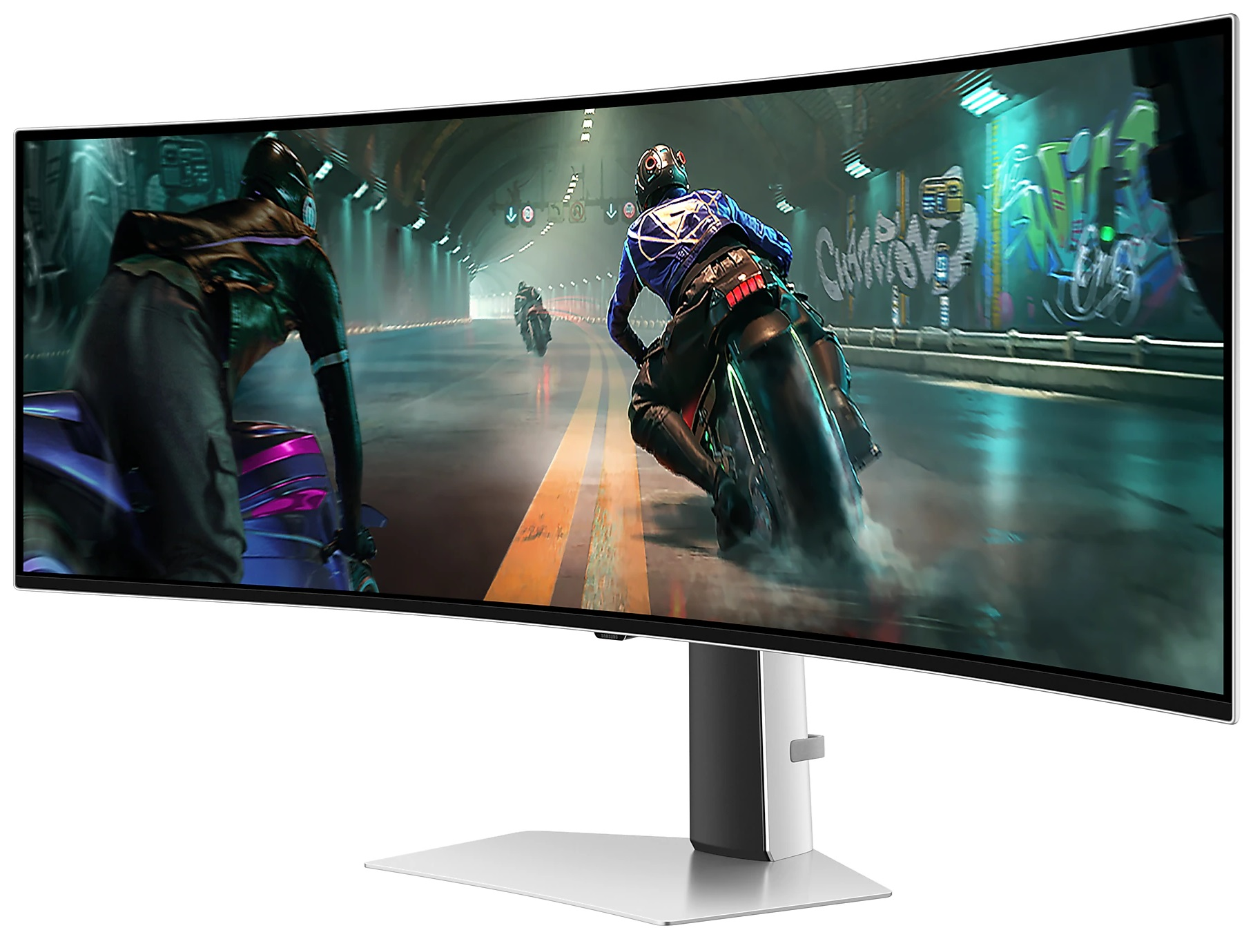 Zakrzywiony monitor komputera z motocyklami ścigającymi się na torze.