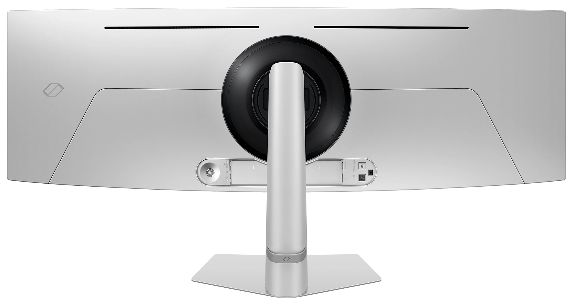 Widok z tyłu zakrzywionego srebrnego monitora komputera ze stojakiem.