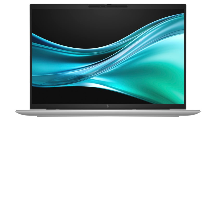 Silberner Laptop mit schwarzem Bildschirm, der blaue und grüne abstrakte Wellen zeigt, vor weißem Hintergrund.