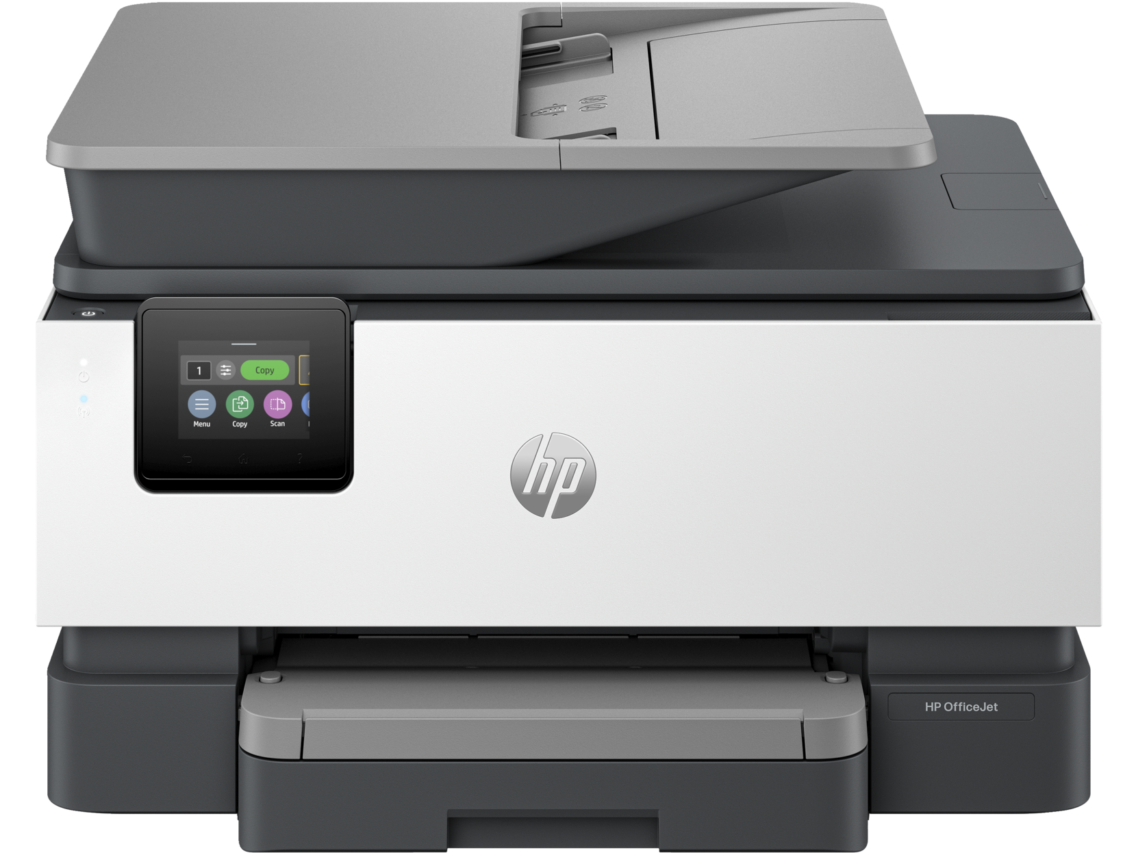 HP OfficeJet yazıcı, beyaz ve gri, dokunmatik ekranlı ve üstte bir tarayıcıya sahip.