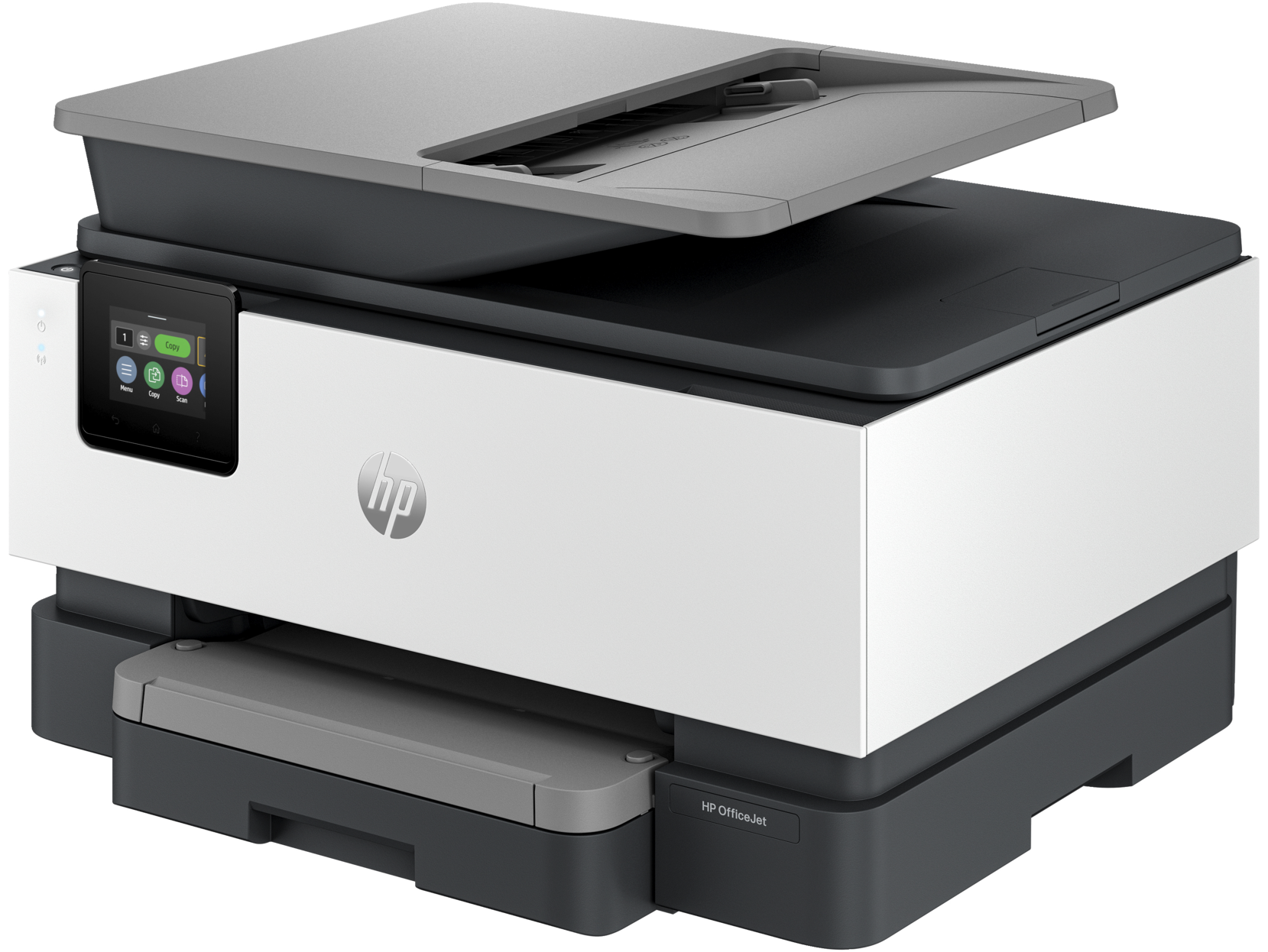 Beyaz ve gri HP OfficeJet Pro yazıcı, üstü açık. Solda siyah bir ekran.