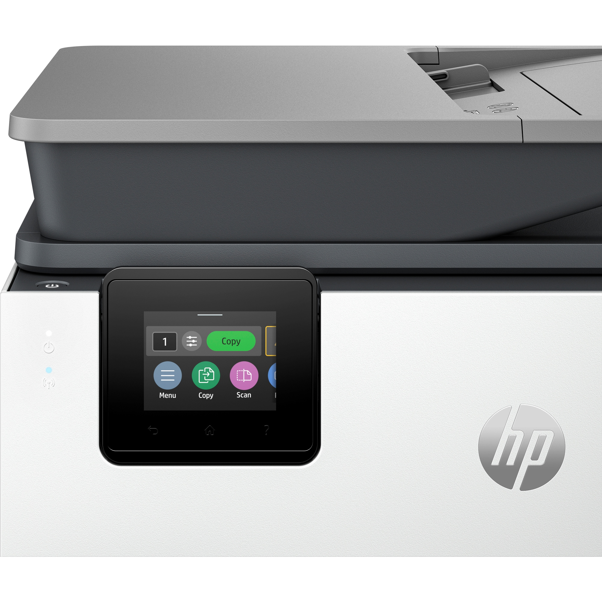 HP yazıcının dokunmatik ekranının yakın çekimi, seçenekleri gösteriyor, sağda HP logosu.