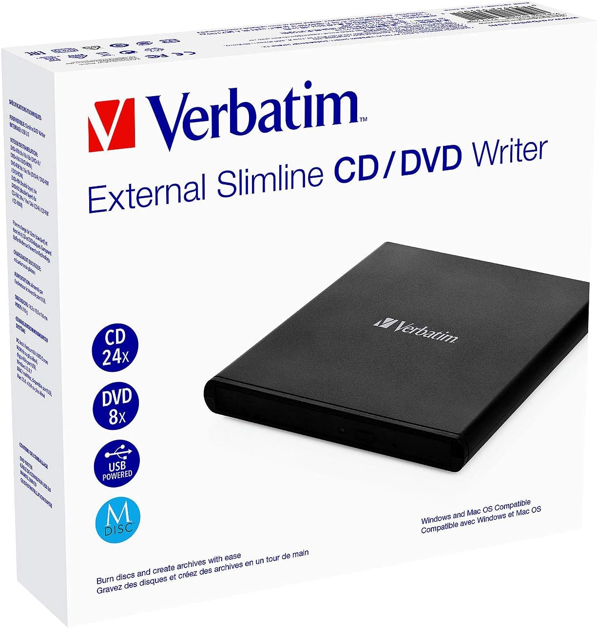 İçinde siyah bir CD/DVD yazıcı bulunan bir Verbatim harici ince CD/DVD yazıcı kutusu.