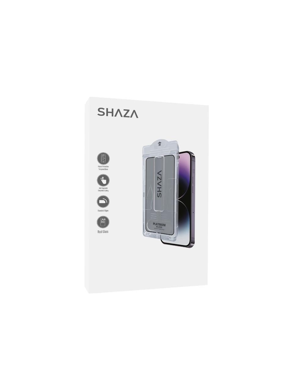 Bir telefon ekran koruyucusu gösteren beyaz bir kutu. SHAZA markası ve bazı simgeler görünür.