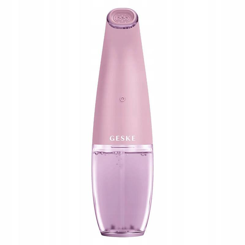 Un dispositivo de belleza Geske rosa. Tiene una parte superior redondeada y una base transparente.