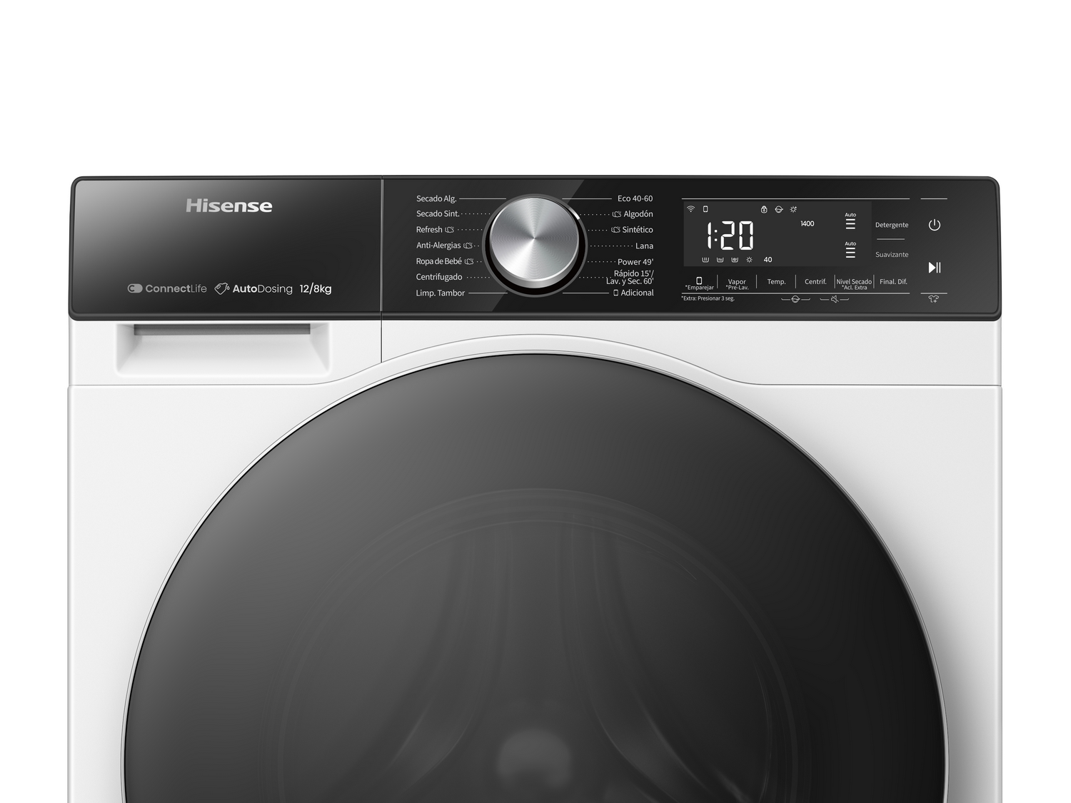 Lavadora blanca con panel de control, toma cercana.