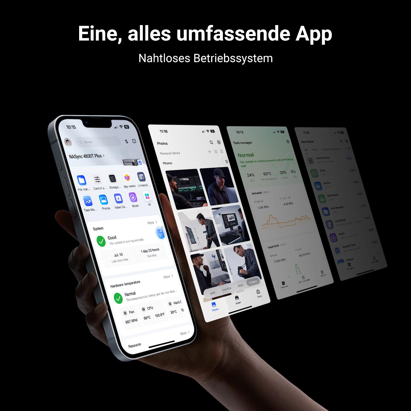 Hand, die ein Telefon mit verschiedenen App-Bildschirmen hält.