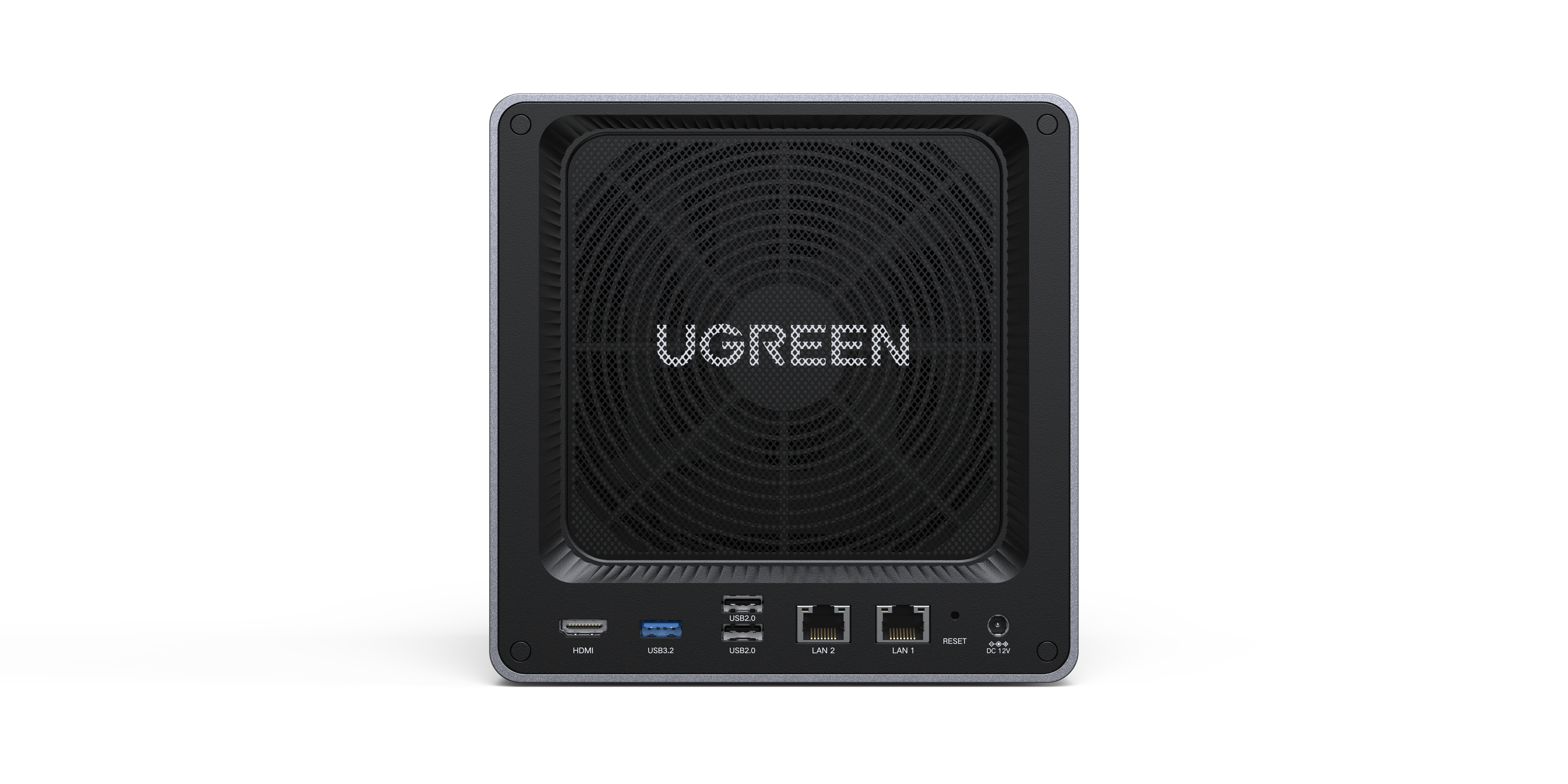 Ein schwarzes UGREEN externes Gehäuse mit mehreren Anschlüssen auf der Rückseite, auf weißem Hintergrund.