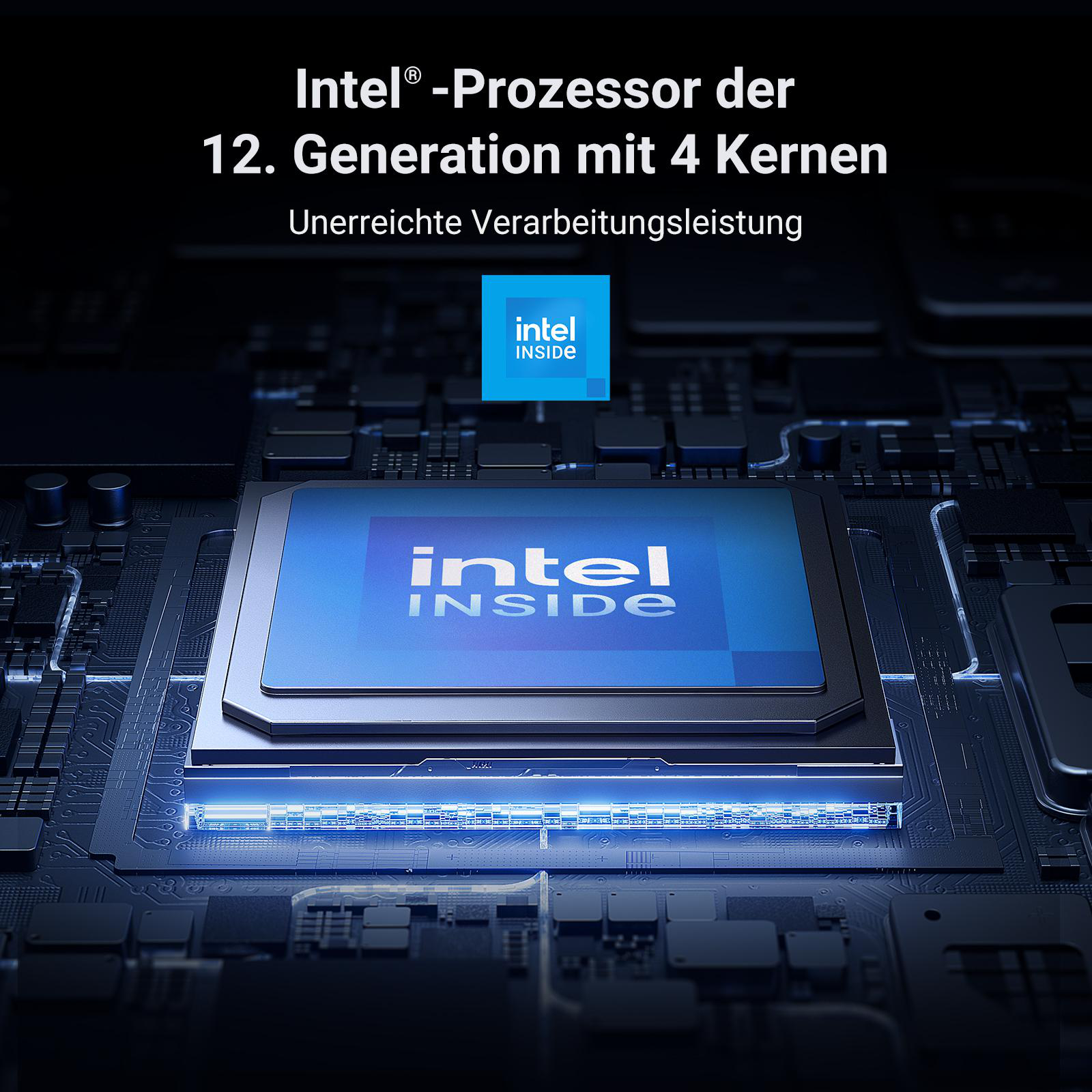 Nahaufnahme eines Computerchips mit blauem Licht. Der Hintergrund ist dunkelblau.