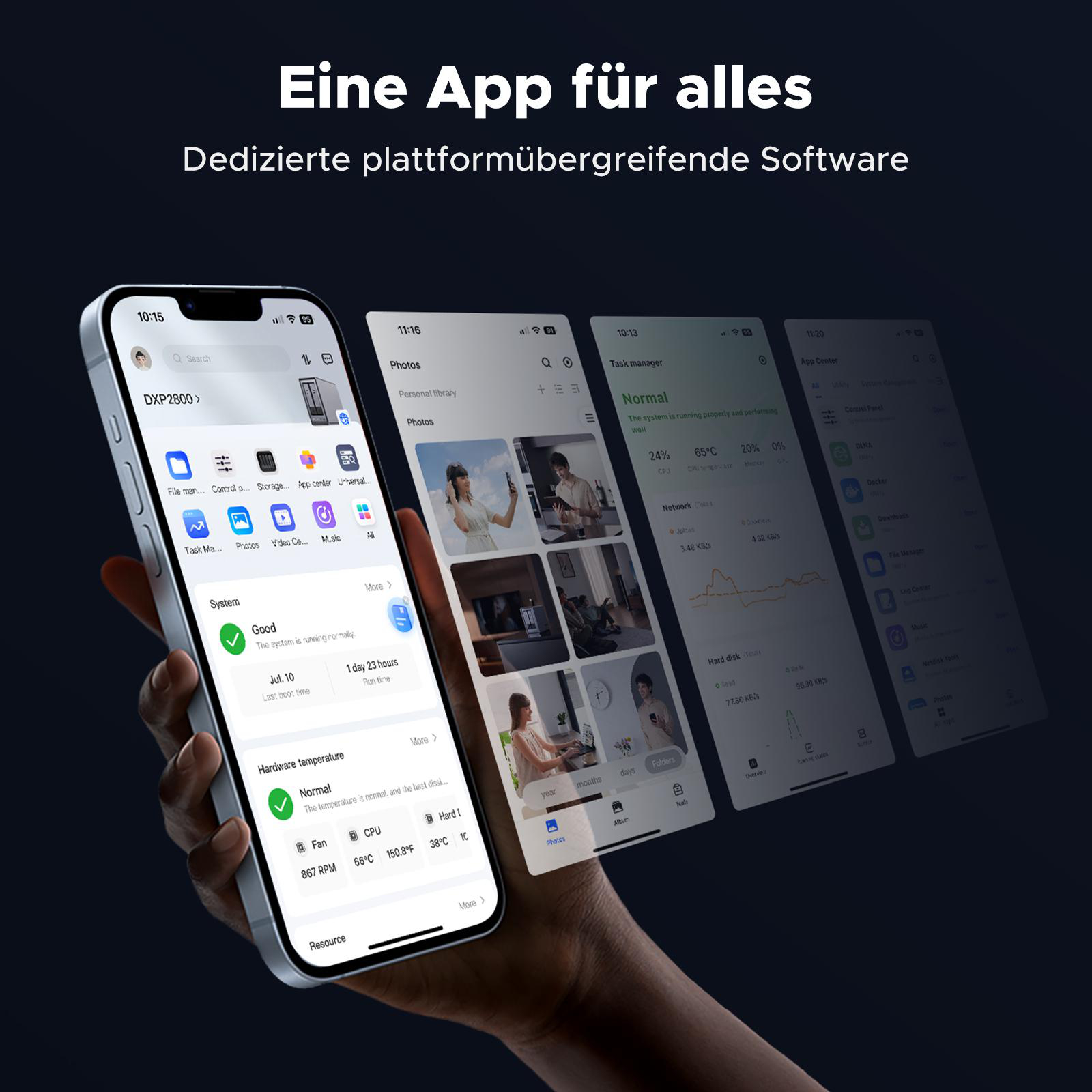 Eine Person, die ein Smartphone mit mehreren App-Bildschirmen für ein NAS-Gerät hält.