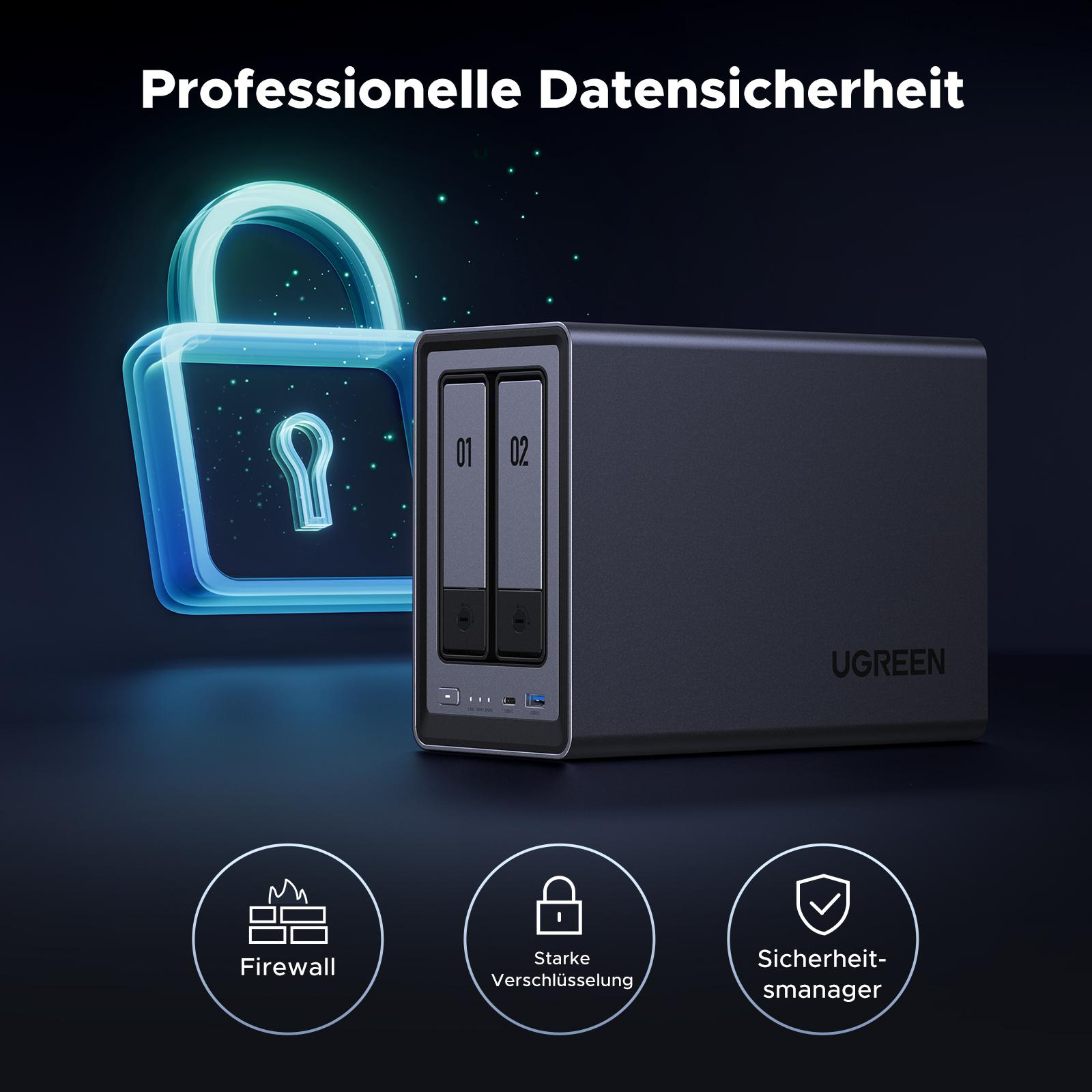 Schwarze Festplatte mit Schloss-Grafik. Text: Professionelle Datensicherheit.