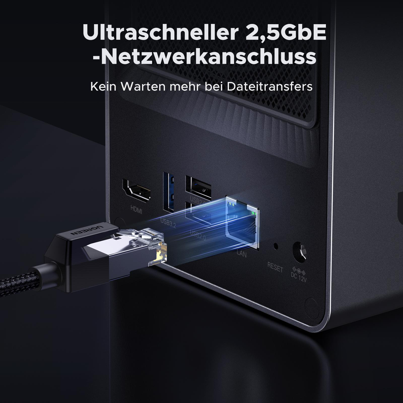 Rückseite eines Computers mit einem Kabel, das an den LAN-Anschluss angeschlossen ist.