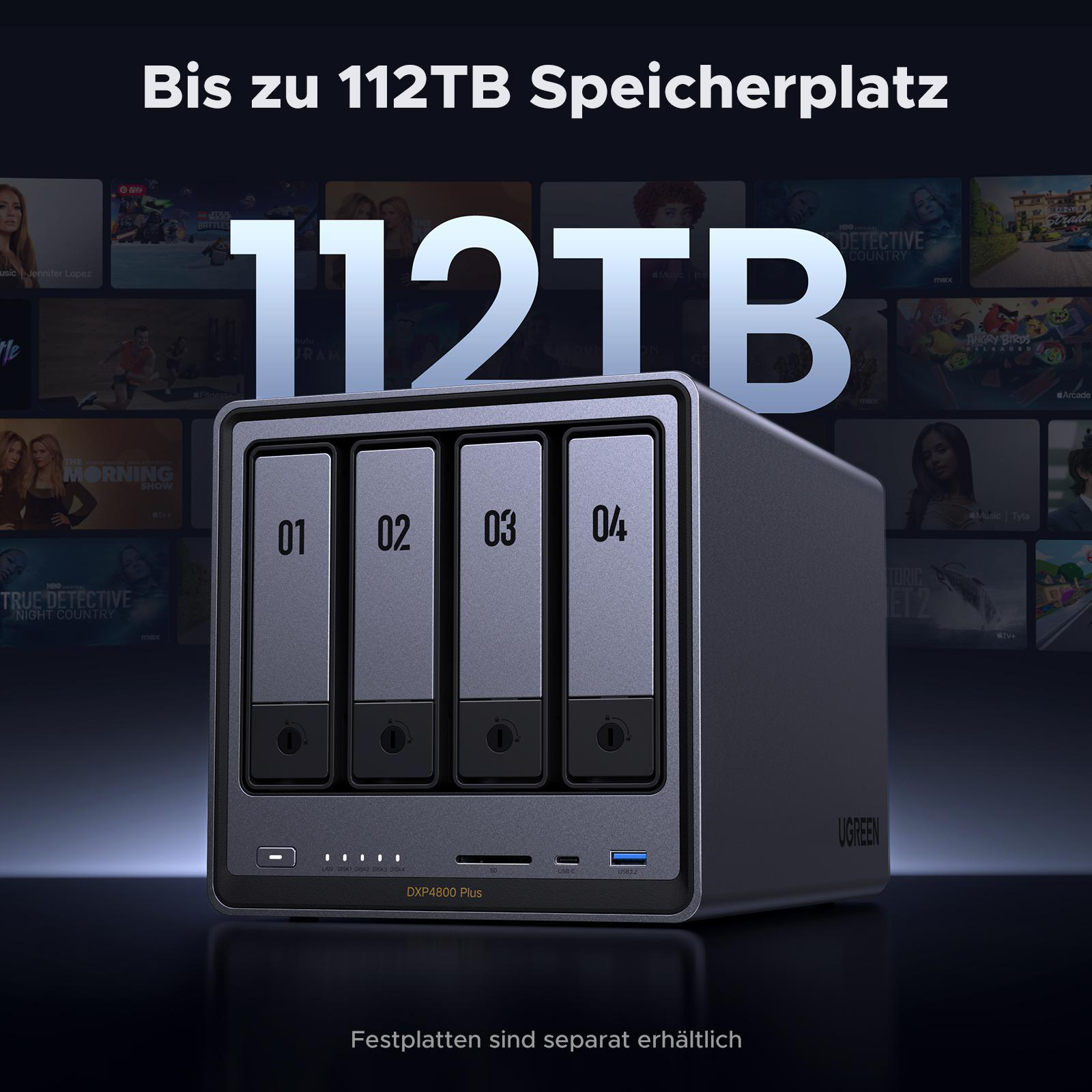NAS-Gerät mit vier Laufwerksschächten, Text '112TB' und Bilder im Hintergrund.