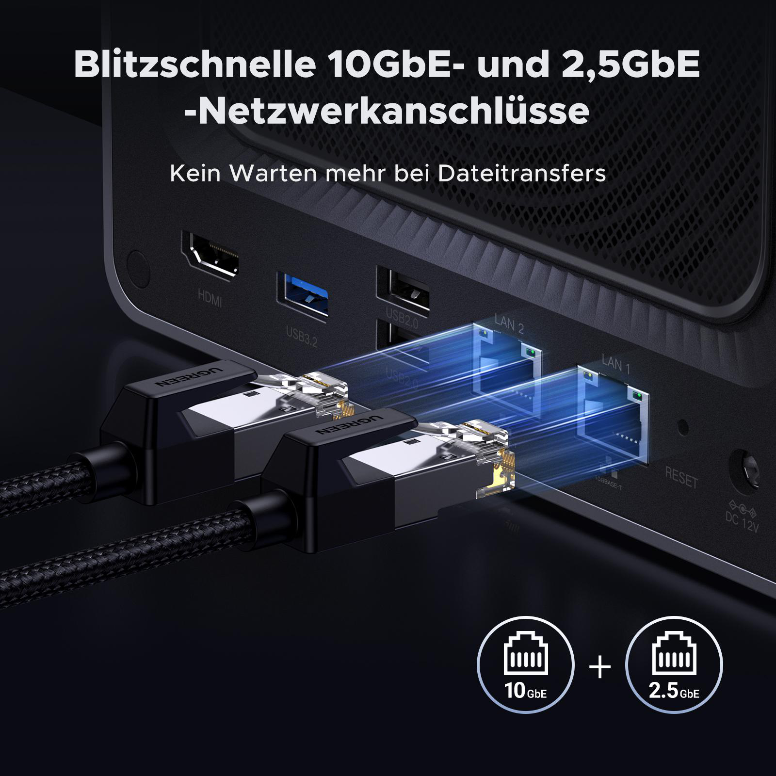 Nahaufnahme eines schwarzen und silbernen Netzwerkgeräts mit Kabeln.
