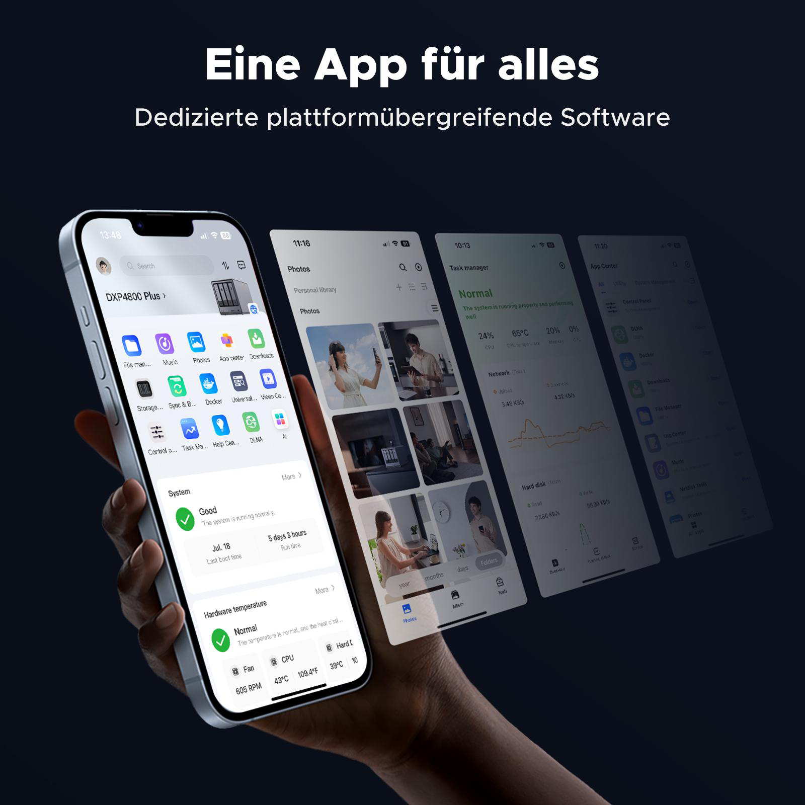 Eine Person, die ein Smartphone mit mehreren App-Bildschirmen für ein NAS-Gerät hält.