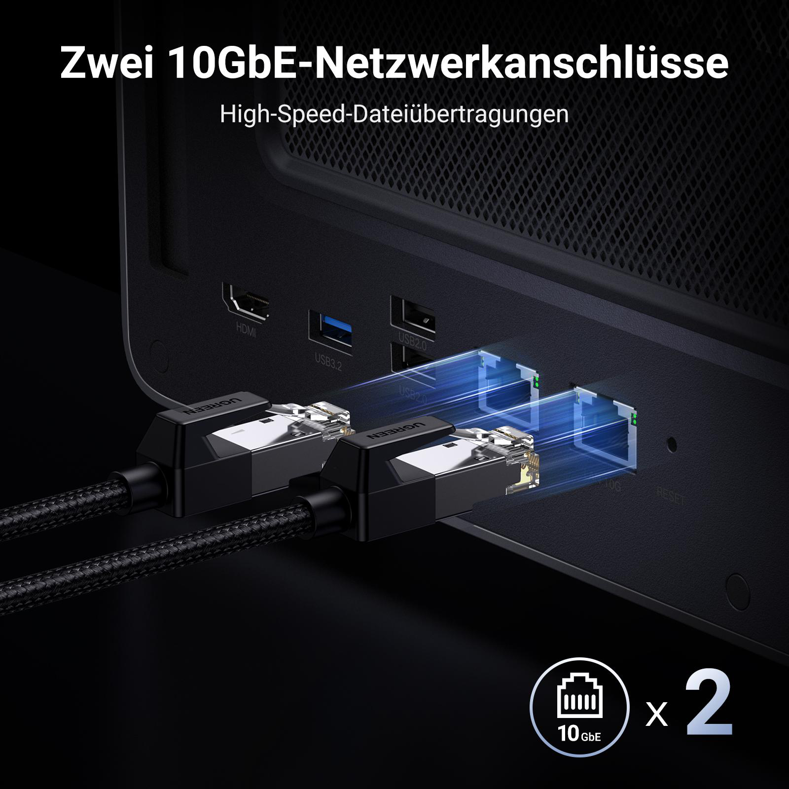 Zwei Netzwerkkabel, die an einen Computer angeschlossen sind, veranschaulichen die Netzwerkverbindung.