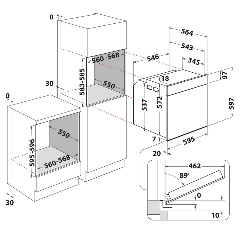 Sütődiagram méretekkel milliméterben.