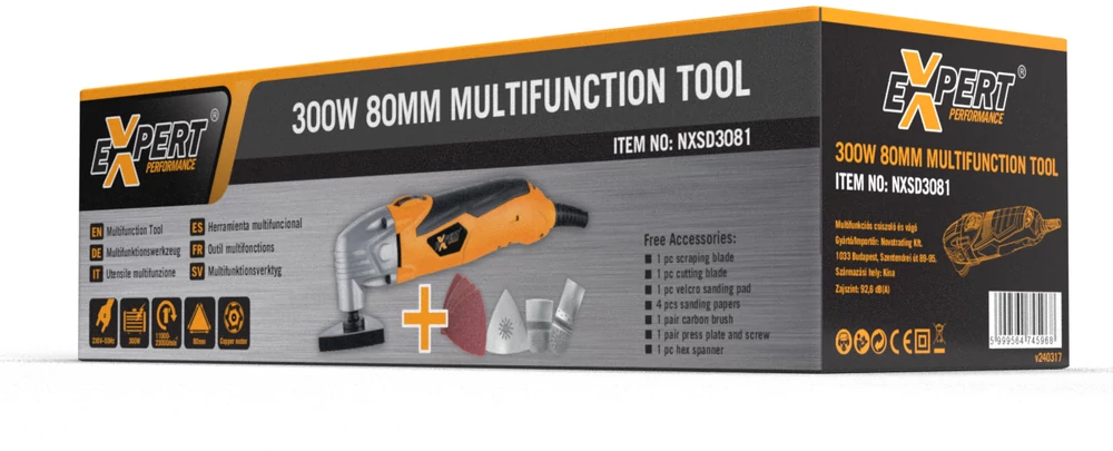 Narancssárga-fekete multifunkciós szerszám dobozban, tartozékokkal. Szöveg: 300W 80MM MULTIFUNCTION TOOL.