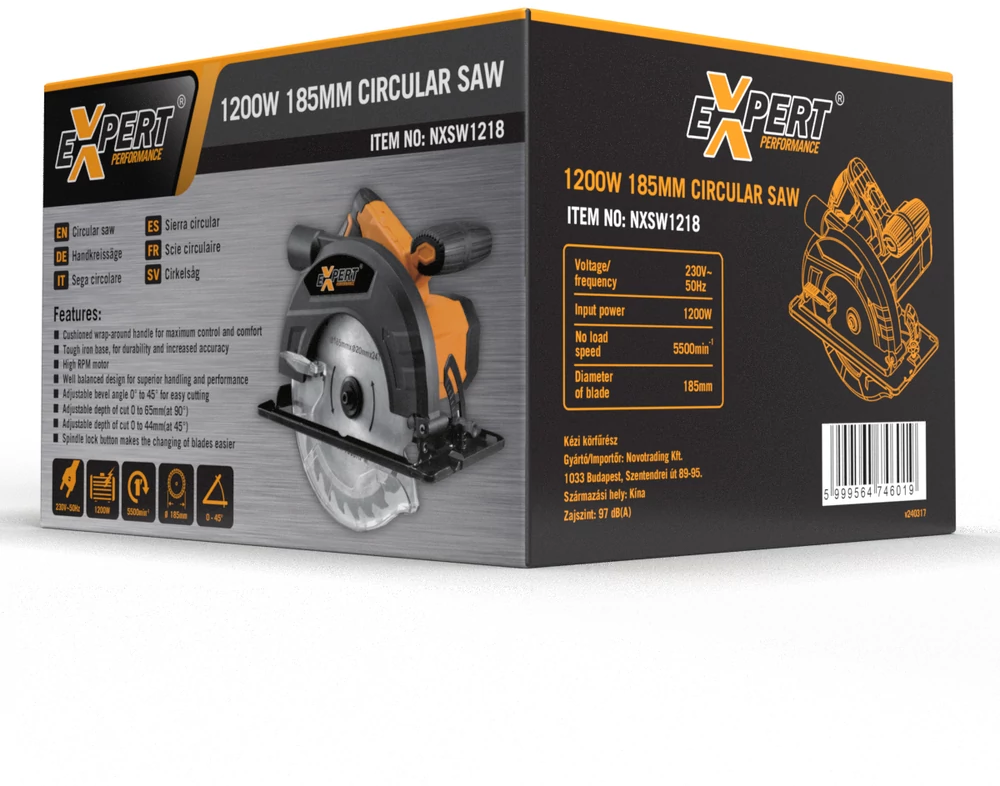 Narancssárga-fekete körfűrész dobozban. Szöveg: 1200W 185MM CIRCULAR SAW.