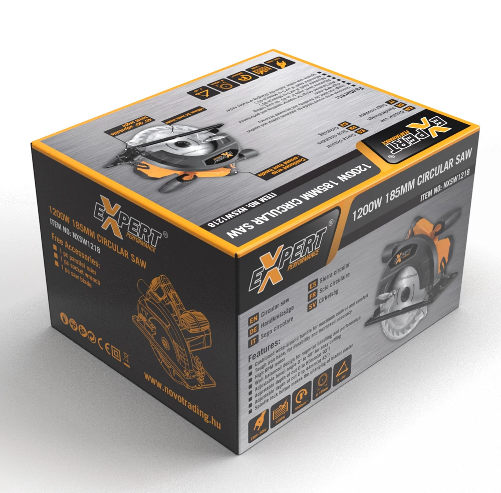 Narancssárga-fekete körfűrész dobozban. Szöveg: 1200W 185MM CIRCULAR SAW.