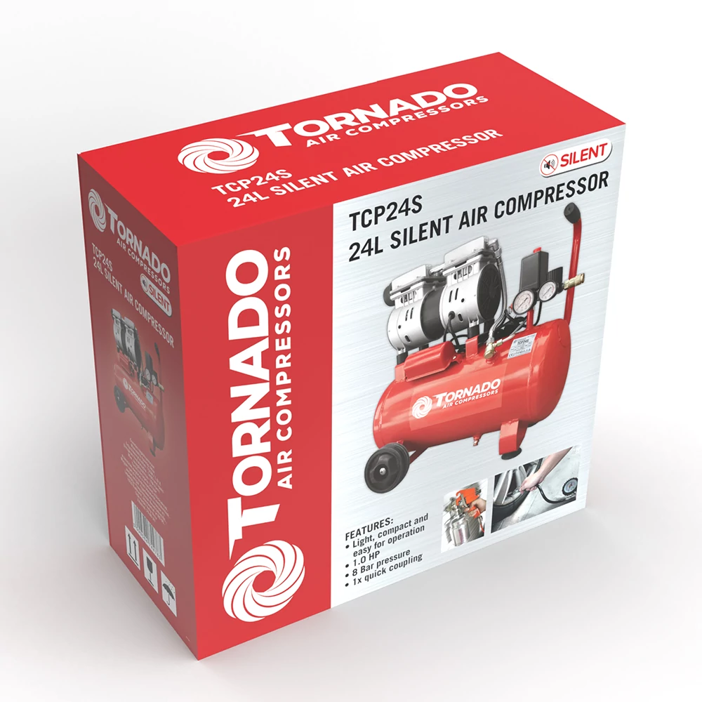 Piros-fehér légkompresszor dobozban. Szöveg: TCP24S 24L SILENT AIR COMPRESSOR.