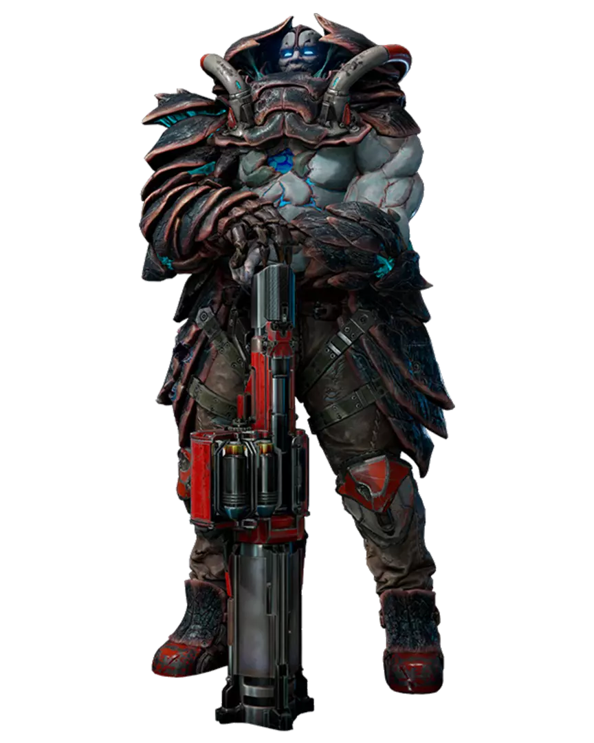 Un guerrero blindado futurista con un arma grande, de pie contra un fondo negro. Colores rojo y gris.