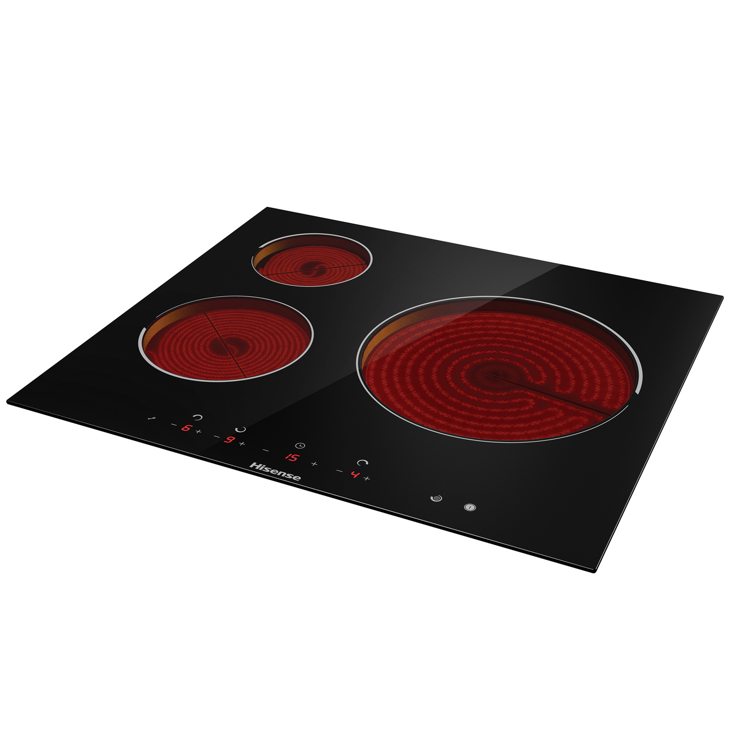 Una placa de inducción Hisense negra con tres círculos rojos calientes.