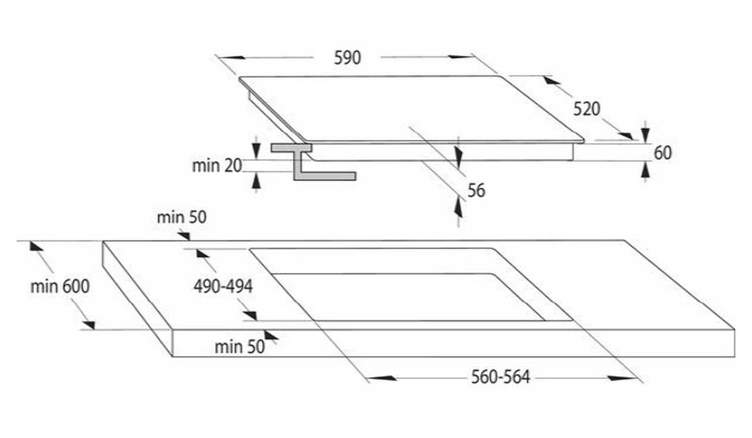 Dibujo técnico de una placa de inducción, con dimensiones en mm.