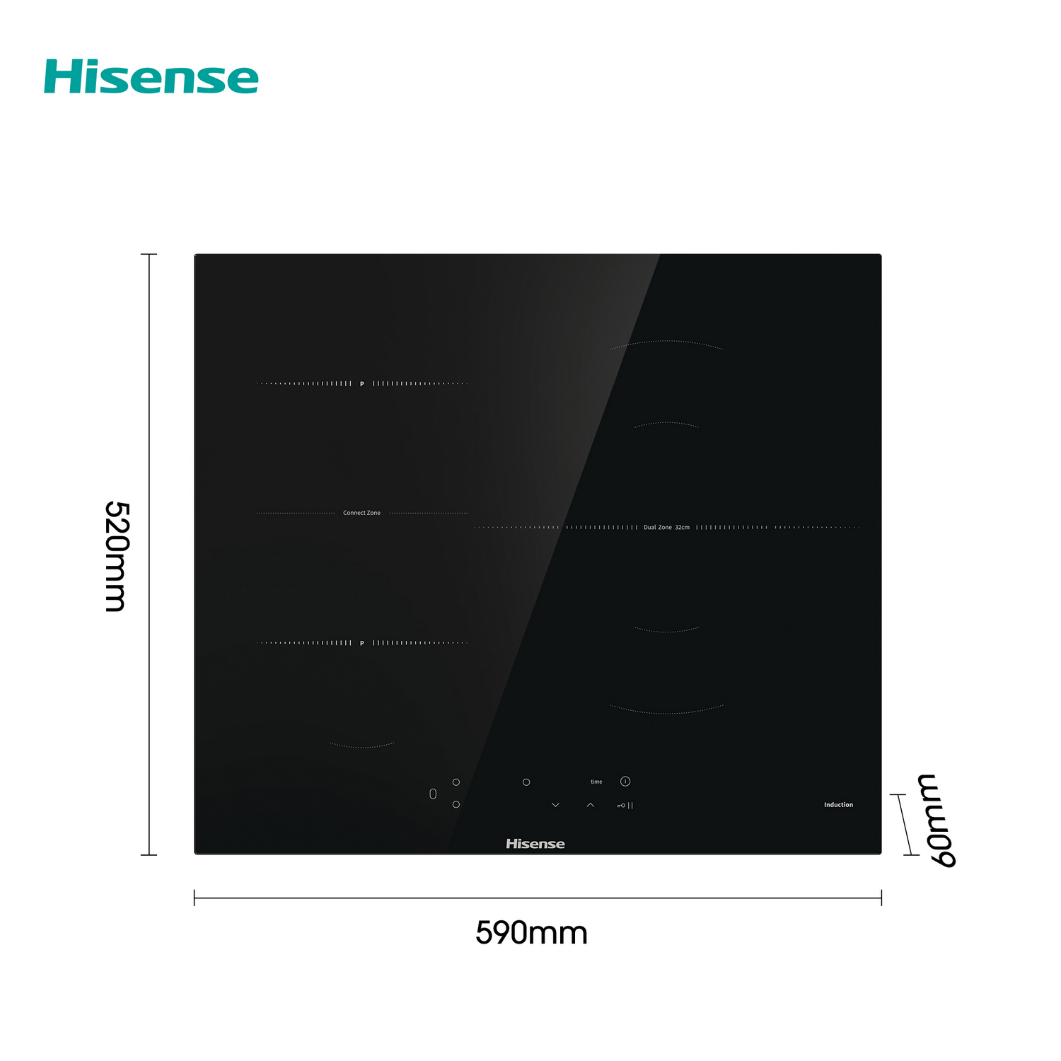 Placa de inducción Hisense negra con dimensiones etiquetadas en mm.