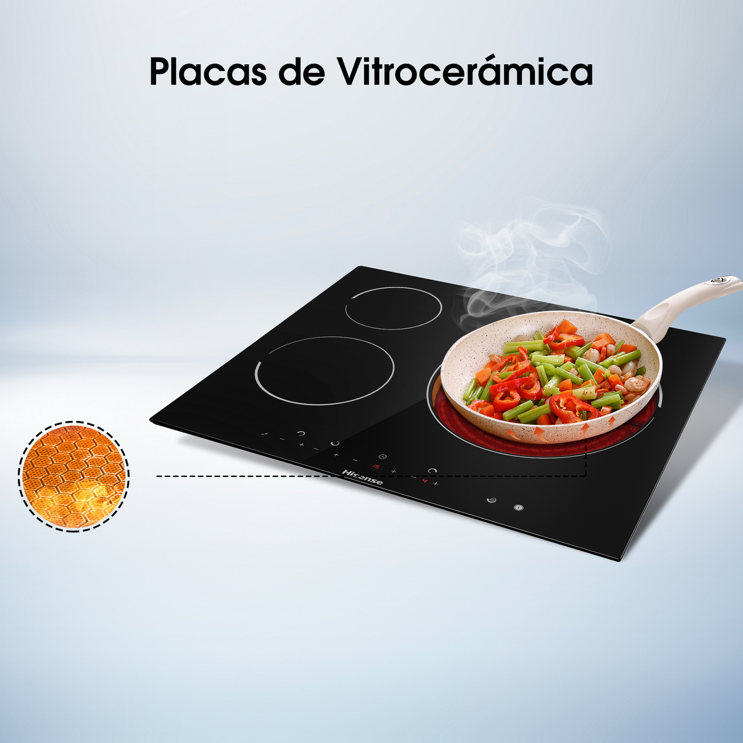 Una placa de inducción negra con tres zonas de cocción, una sartén con comida en el lado derecho. Texto.