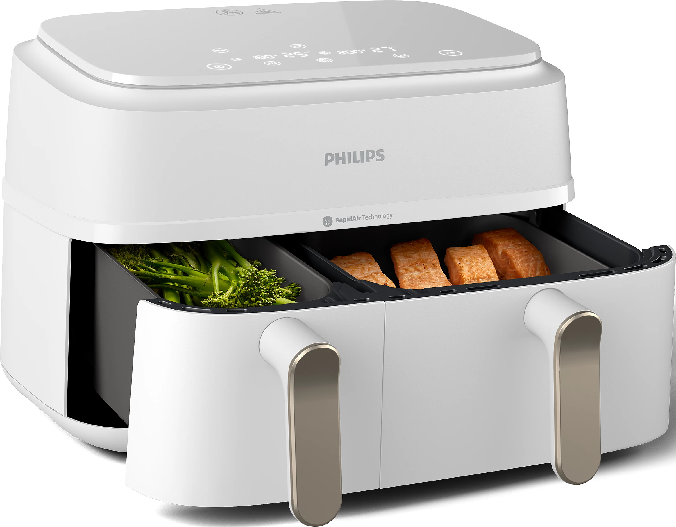 Friteuse à air Philips blanche avec deux compartiments, chacun avec des aliments à l'intérieur. Commandes en haut.