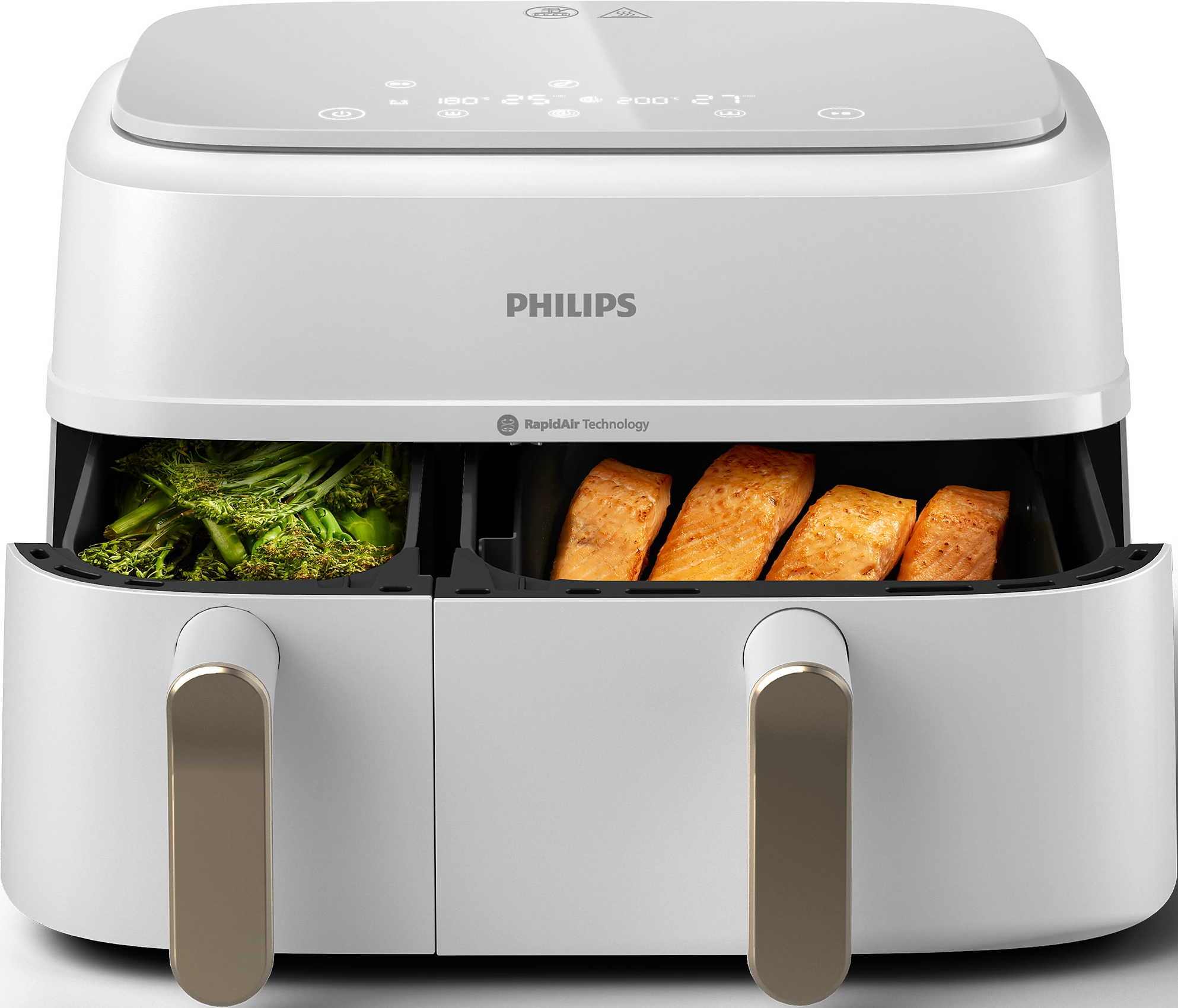 Friteuse à air Philips blanche avec deux compartiments, aliments à l'intérieur.