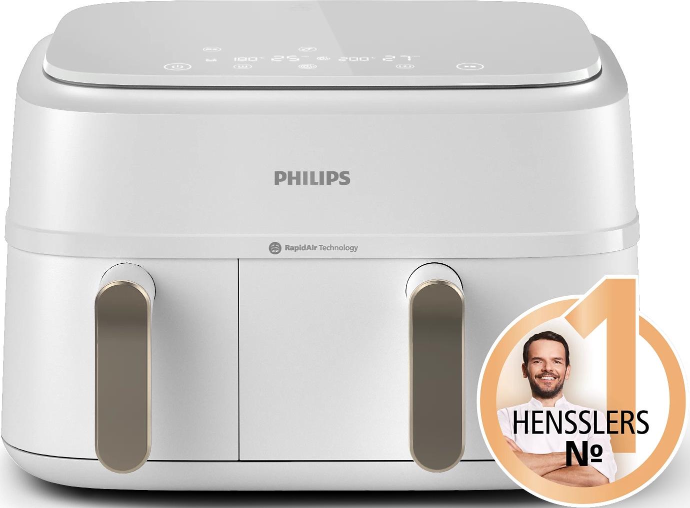 Friteuse à air Philips blanche avec deux compartiments. Un portrait de chef sur le côté droit. Commandes en haut.