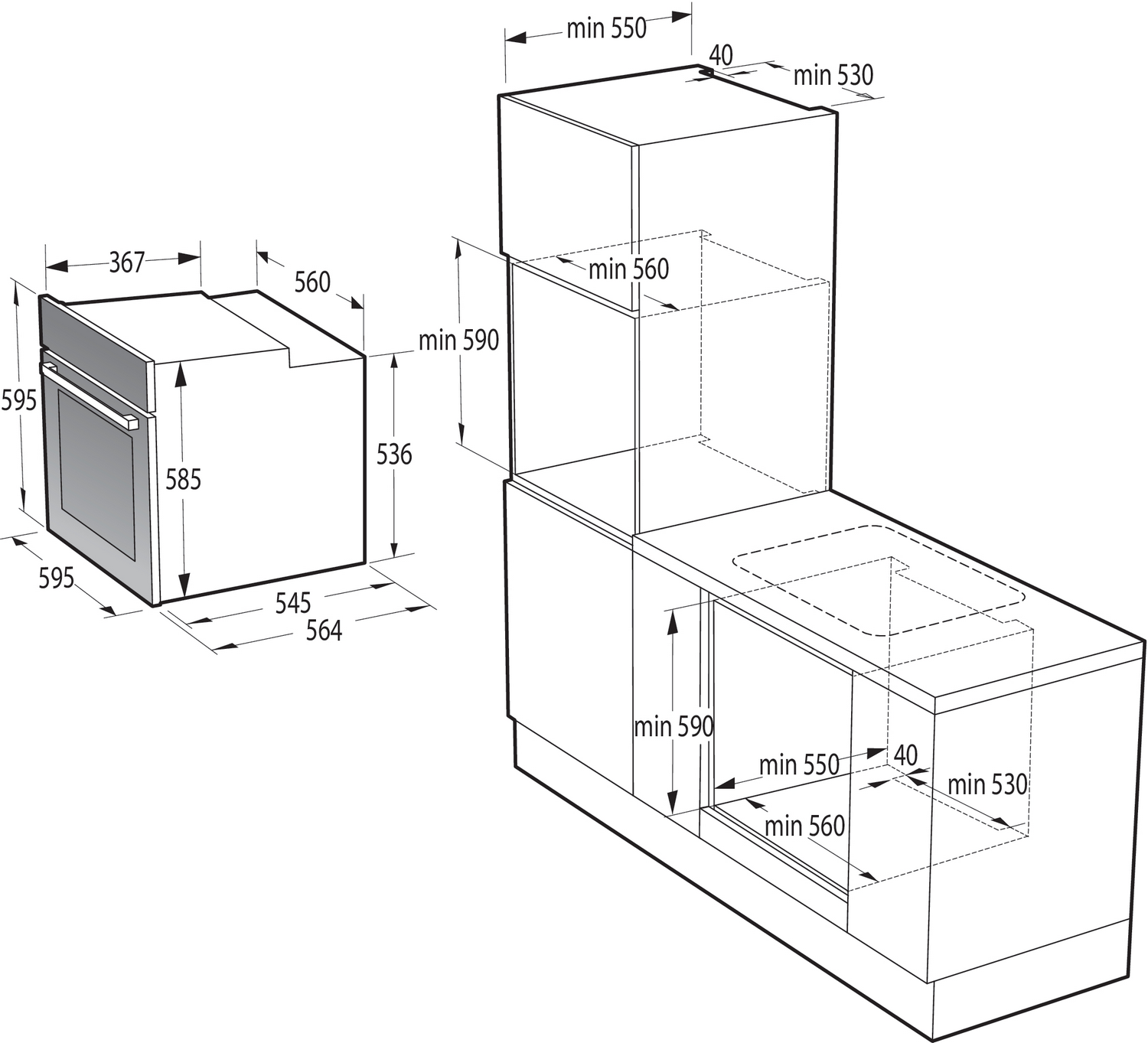 Dibujo técnico que muestra las dimensiones del horno y la instalación del armario.